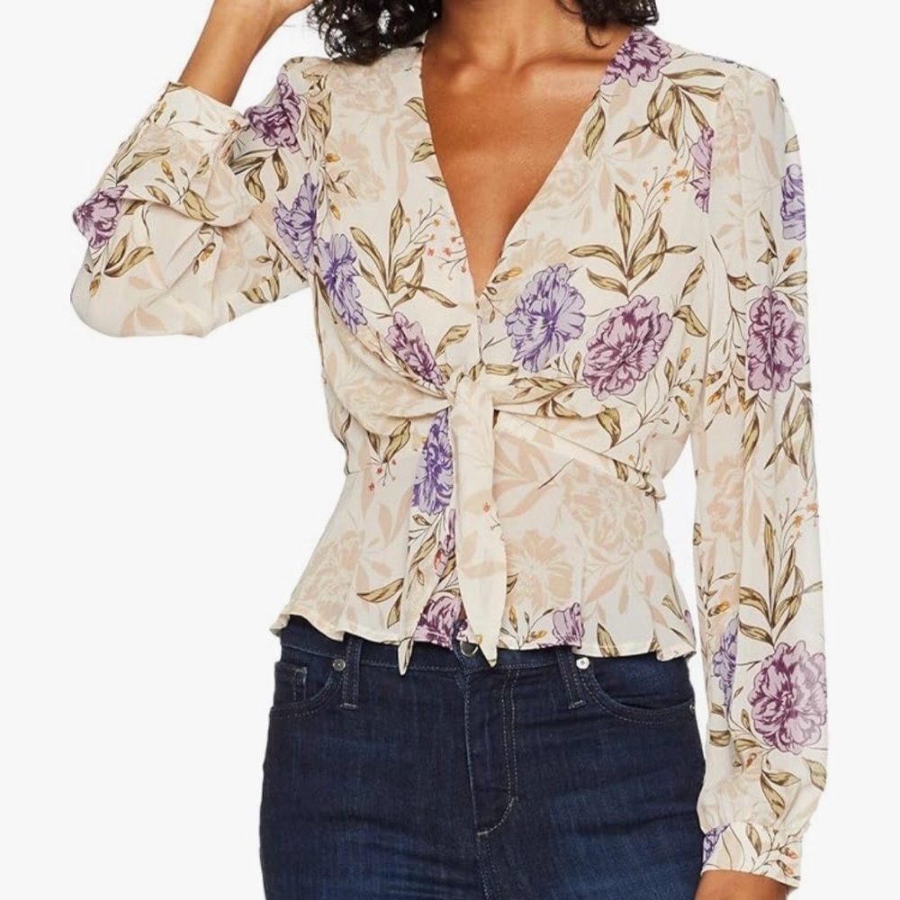 ASTR The Label-Floral Tie Front Blouse-Size M Sheer Long Sleeve Peplum Top~Boho